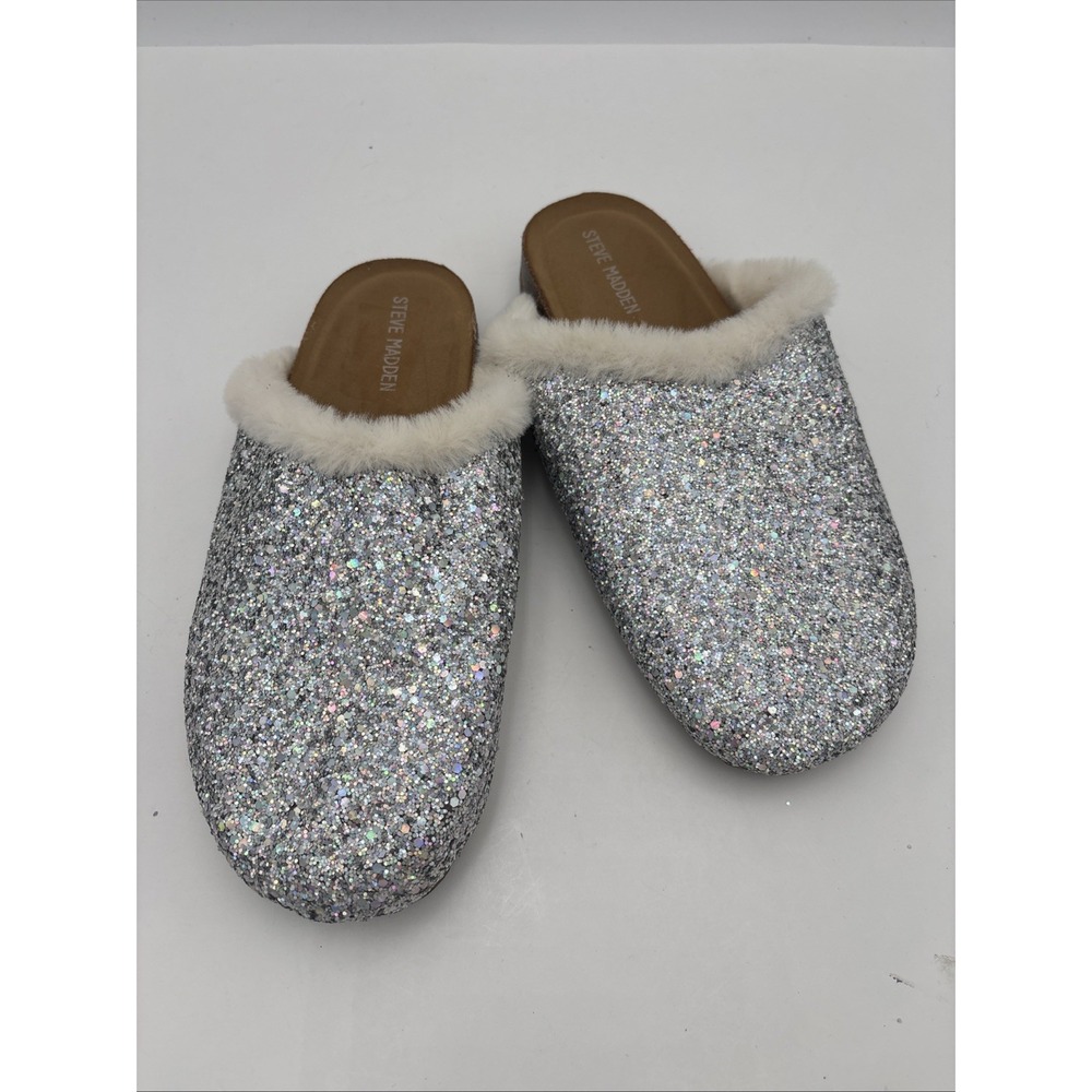 Steve Madden Glitter Silver Sequin Faux Fur Lined Mule Slipper Clog Shoes Size 6